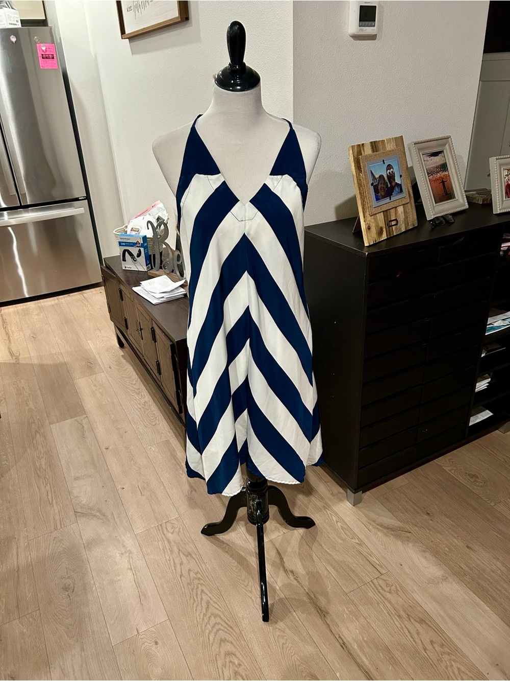 Allen B. Blue and White Chevron Halter Dress